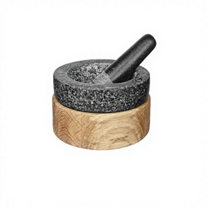 Bol en marbre fait main avec support en bois, forme ronde, mortier et pilon pour broyer et écraser les herbes, les épices et l'ail - Product Image 1