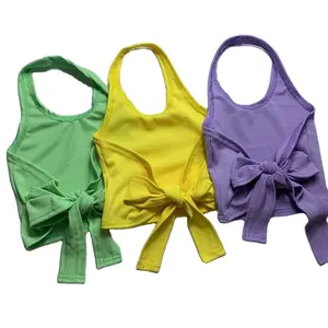 Newest 2023 Summer Fashion Kids Halter Tank Top Solid Color Sleeveless Top With Bow Tie Back Kids Crop Top