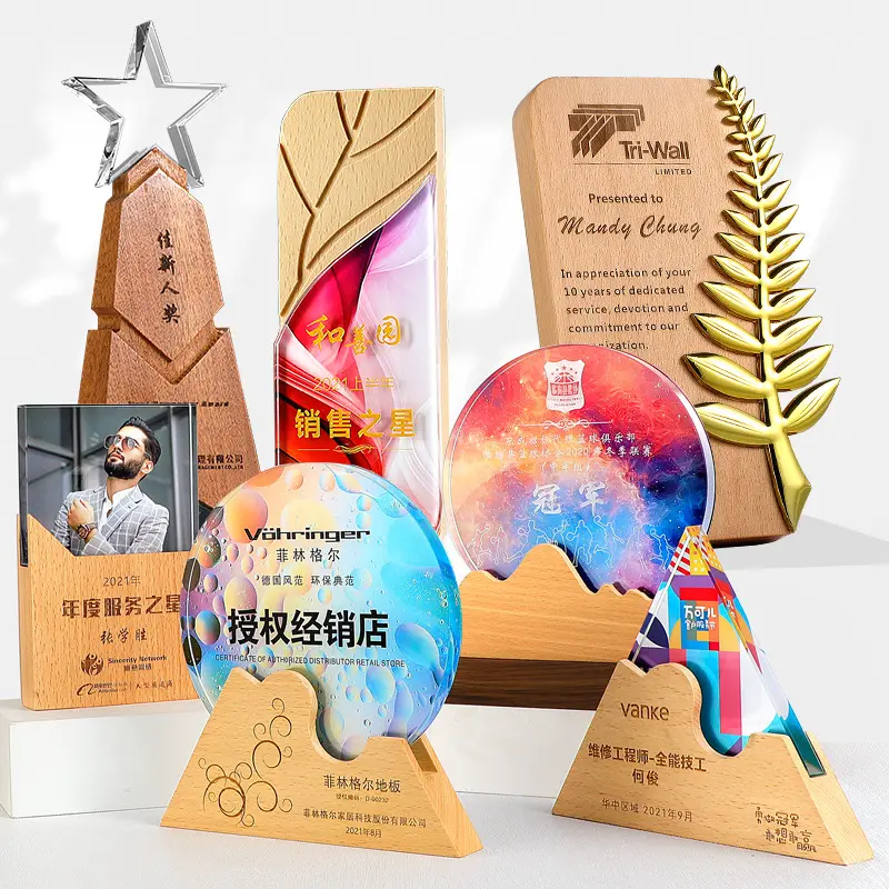 OEM Logo Print Bamboo Wood Trophy Base Wooden Trophies China Crystal Color Trophy Custom