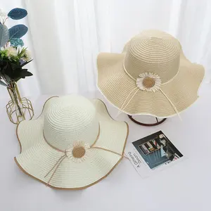批发最新夏季定制纯色折叠草编沙滩帽宽边女式遮阳帽