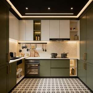 Ensemble d'armoires de cuisine en bois grain vert sur mesure Balom, poignée dorée, rangement intégré, meubles de cuisine modernes pour villa - Product Image 6