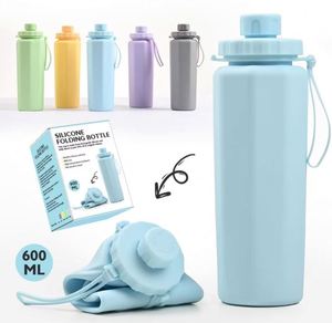 Bouteille d'eau pliable en silicone durable de 600 ml, gobelet réutilisable, portable, personnalisable, anti-fuite, pour le sport, la randonnée, les voyages en plein air - Product Image 1