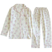 Nouvel Arrivage Ensemble de Pyjama Printanier pour Femme à Manches Longues en Coton Double Gaze Froissée, Tenue d'Intérieur Florale Douce et Féminine