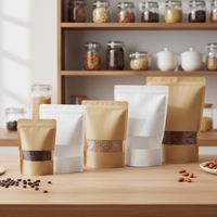 Sachet en papier kraft brun et blanc écologique avec fermeture éclair pour café, noix, emballage alimentaire réutilisable avec fenêtre