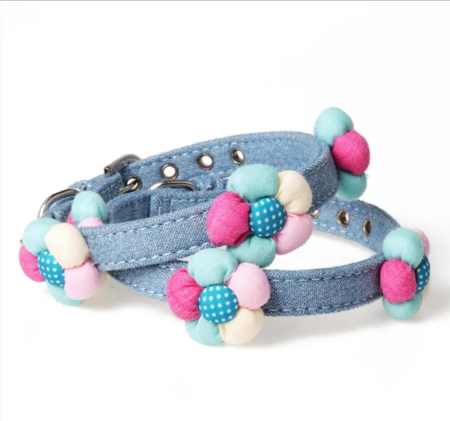 factory direct sale quality luxury blue denim flower pu dog collar