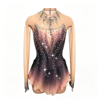 Robe de patinage artistique dégradé noir et rose, col halter, maille ornée de strass, manches longues, costume de compétition de patinage sur glace