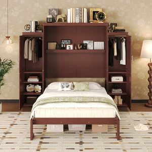 Modern Queen Size Murphy <b>Bed</b> Solid <b>Pine</b> Wood Full Wall <b>Bed</b> Wardrobe Storage Shelf Foldable Platform Bedframe Guest-Room Bedroom - Product Image 6