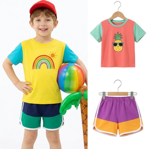 Ensemble de vêtements d'été en coton pour enfants, 2 pièces, t-shirt à col rond à manches courtes et short, couleurs assorties, motifs variés, pour tout-petits - Product Image 1