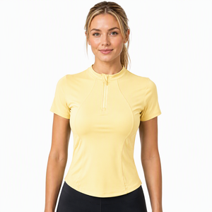 Buttery Soft Breathable Lightweight Lemon Yellow Plus Size Quarter <strong>Zip</strong> <strong>Top</strong> Women Short Sleeve Stand Neck Flatlock <strong>Front</strong> - Product Image 2