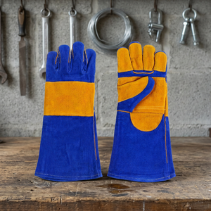 Gants de sécurité en cuir résistants à la chaleur, bleus et jaunes, 14 pouces, manchette droite, protection anti-chaleur et anti-abrasion - Product Image 3