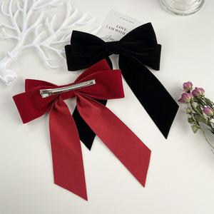 Barrette à cheveux vintage en velours noir avec nœud, composants métalliques, long ruban, style coréen, accessoires pour cheveux pour femmes et filles, emballage carton - Product Image 2