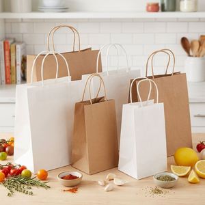 ECO Twisted Handle Flat Handle Custom Size Printing Kraft <b>White</b> Paper Shopping Take Out Wholesale Kraft Paper <b>Bags</b> - Product Image 1