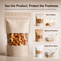 Sachet d'emballage Mylar à fermeture éclair avec fenêtre transparente mate de qualité alimentaire, personnalisable avec logo, pour amandes, noix de cajou et autres snacks, avec encoche de déchirement et base stable