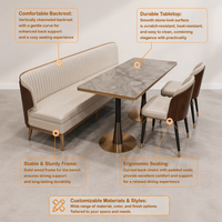 Ensemble de mobilier de restaurant de luxe, tables rondes en marbre, chaises bicolores avec garniture dorée, assise crème, style moderne, vente en gros