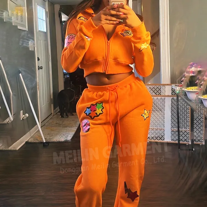 2024 Crop Rits Hoodie En Wijd Uitlopende Joggingbroek Kleding Fabrikanten Custom Logo Tweedelige Fade Wash Sweatsuit Set Vrouwen