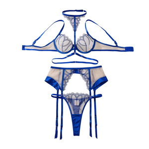 Ensemble de Lingerie Brodé <span class=keywords><strong>Bleu</strong></span> Royal avec Soutien-Gorge Push-Up à Armatures, <span class=keywords><strong>Porte</strong></span>-Jarretelles en Résille Transparente, Sexy, 3 Pièces, Mode Intime Femme (Soutien-Gorge et Culotte) - Product Image 5