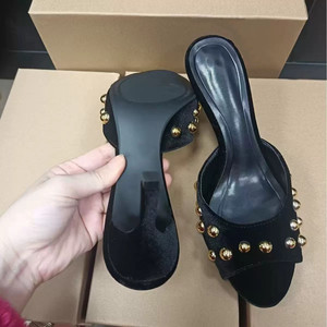 Faux Suede Sandals with Rivet Embellishments Slip-On Open Back Women Stiletto Heels Sandals <b>Mule</b> Shoes for Ladies - Product Image 3