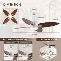 Ventilateur de plafond LED moderne avec télécommande, design feuille de palmier tropical de 52 pouces, 4 pales, moteur DC, 6 vitesses, utilisation intérieure/extérieure