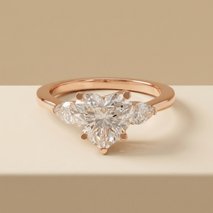Heart Cut Three Stones Diamond Ring 14K Rose Gold Women's Engagement IGI Certified Pear Cut Side Diamonds Wedding Party Gift - Product Image 2