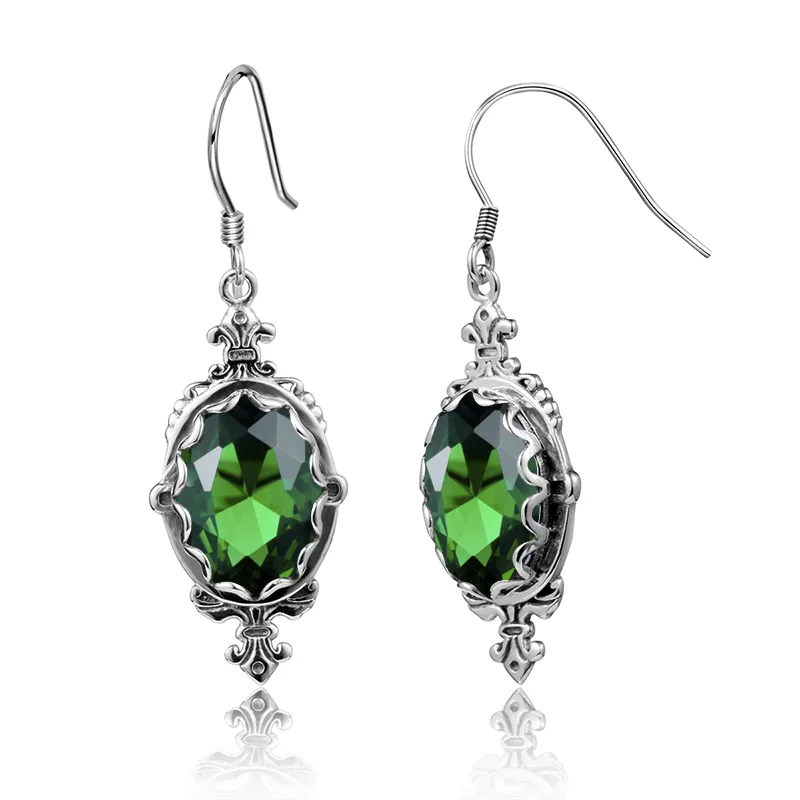 Goth Gravur Schmuck 925 Sterling Silver Women Green Emerald Drop Earrings Gemstone Oval Antique Jewelry Vintage Earrings