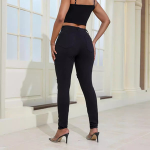 Otoño nuevas mujeres Sexy cintura alta agujero elástico rasgado blanco y negro pantalones vaqueros estilo lápiz - Product Image 5