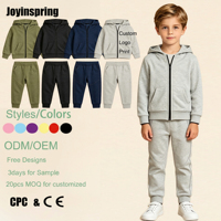 Ensemble personnalisé pour garçons en coton extensible uni avec veste à capuche zippée intégrale et poche kangourou et pantalon de survêtement fuselé ODM pour l'automne et le quotidien