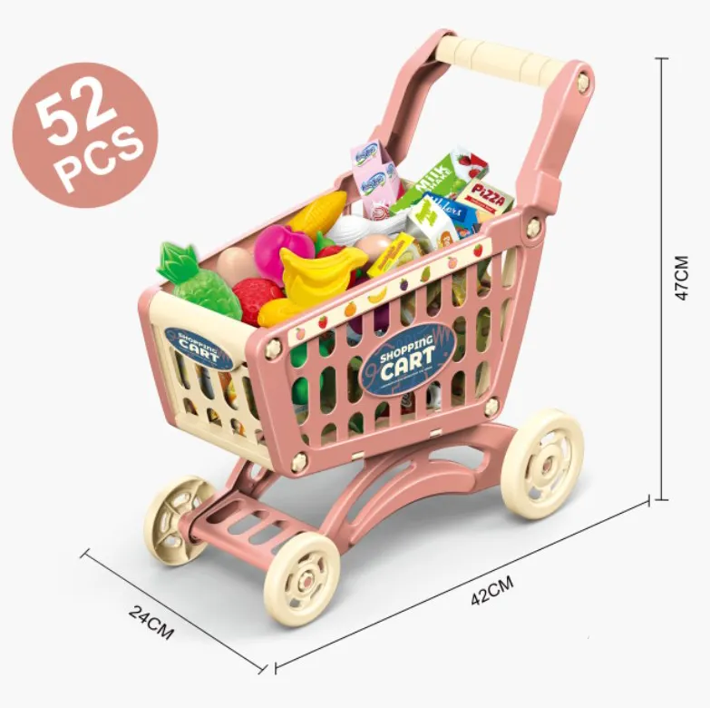 Educational Toy 52pcs Pretend Role Play House Kid Plastic Supermarket Buying Shopping Cart Set With Food