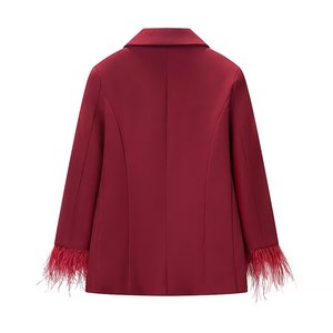 เสื้อเบลเซอร์สีแดงปกบากติดกระดุมแถวเดียว กางเกงขายาวทรงลำลอง ชุดเซ็ต 2 ชิ้นสำหรับผู้หญิง - Product Image 3