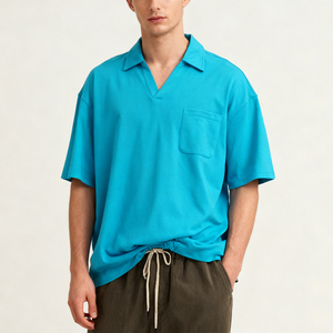 Polo Oversize da <span class=keywords><strong>Uomo</strong></span> in <span class=keywords><strong>Turchese</strong></span> - Orlo con Coulisse Regolabile, Top Casual Streetwear a Maniche Corte con Logo Personalizzabile - Product Image 2