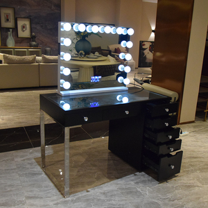 Hiện đại Hollywood phong cách bàn trang điểm màu đen bóng sơn hàng đầu bề mặt kính 7 ngăn kéo và không gỉ Bạc Chân trang điểm Vanity - Product Image 3