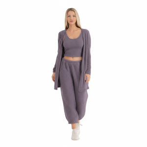 Set da casa in pile per donna, 3 pezzi, morbido e casual, con cardigan a maniche lunghe e pantaloni lunghi fino alla caviglia, abbigliamento invernale. - Product Image 1