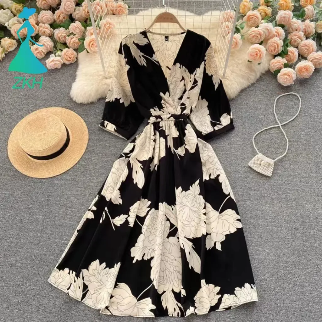 Coreano V Neck Elegante Floral Imprimir Cintura Fina A Linha Vestido Mulheres Casual Verão Vestidos Roupas