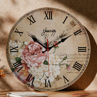 Jam Dinding Bundar Quartz Senyap Desain Kustom MDF Antik Motif Mawar 30cm Grosir Pabrik untuk Dekorasi Rumah, Hadiah