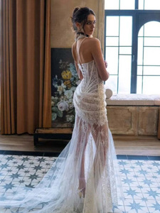 Gaun Panjang Putih Baru Seksi Berbahan Lace Transparan dengan <span class=keywords><strong>Patchwork</strong></span> dan Jaring Tulang Ikan, Gaun Malam Elegan - Product Image 4