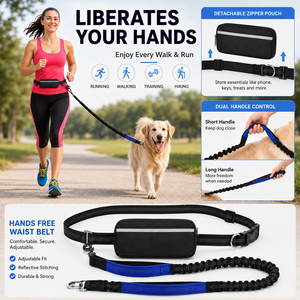 Laisse pour chien mains libres en gros, double amortisseur, bungee détachable, pochette zippée, réfléchissante, en nylon durable pour la course à pied - Product Image 5