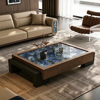 Table basse carrée de luxe en pierre frittée bleue avec cadre en bois de noyer et tiroir de rangement, mobilier de salon moderne Wabi Sabi
