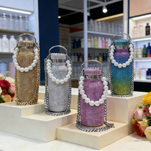 Bouteille isotherme portable en acier inoxydable 304 avec strass en cristal et poignée, idéale pour les voyages en extérieur et la rentrée scolaire - Product Image 1