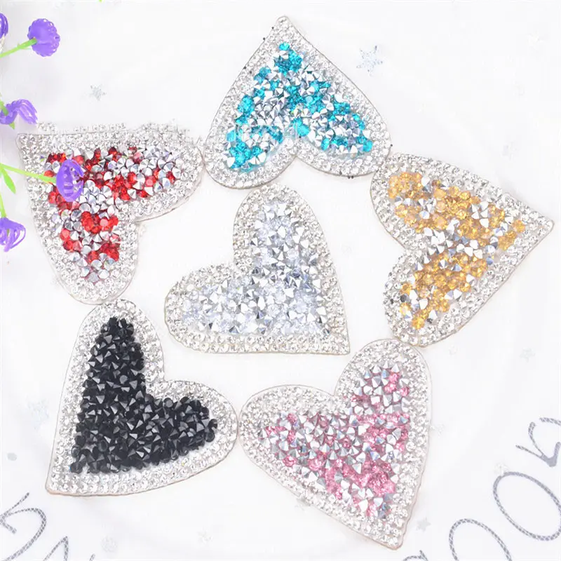 Cute Heart Rhinestones Iron On Transfer Applique Patches Bling Diamonds Embellishments Stickers Decorative Patches for Bags Hats