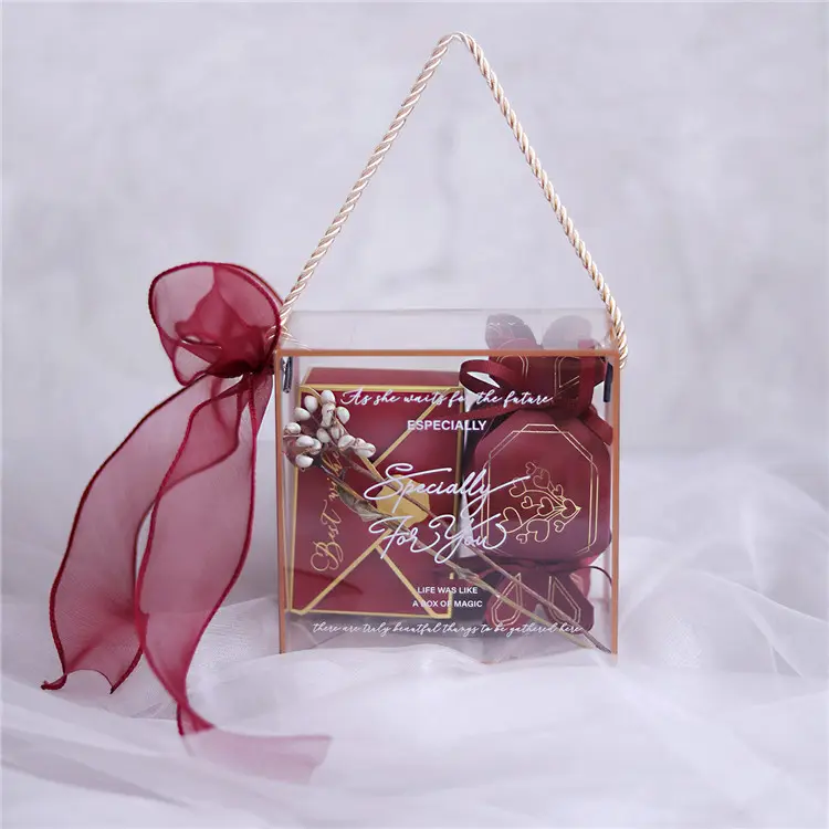 Caja de regalo de plástico transparente para dulces, recuerdo de boda casero, Chocolate, con flor, PVC transparente, caja acrílica para dulces