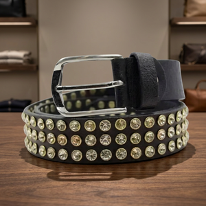 Men's Vintage Fashionable Cow Hide Belts Solid Black Color Steel Beads Square Design Braided <b>Lightweight</b> High Strength Pin - Product Image 1