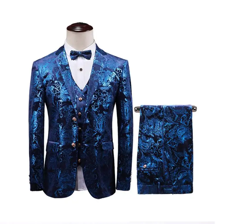 Customized New Design fashion Light blue printing tuxedo three-piece men wedding suit
