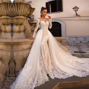 Top mode robe de mariée à manches longues Mori Style mariée queue de poisson dos nu voyage tirer petit <span class=keywords><strong>voile</strong></span> doux <span class=keywords><strong>voile</strong></span> deux pièces ensemble - Product Image 1