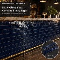 Azulejo de Pared Brillante con Aspecto Artesanal en Naranja Quemado, Azul Marino y Negro, 75x300mm, 11 Colores para Cafetería, Restaurante, Bar, Boutique, Hotel, Pared Decorativa