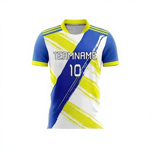 Maillot de football homme bleu et jaune à manches courtes, sublimé, en polyester anti-humidité, col montant, taille élastique, personnalisable avec le nom de l'équipe (10) - Product Image 1