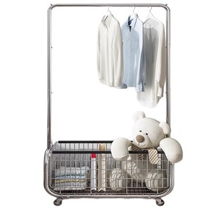 Floor Standing Coat <b>Rack</b> Chrome Iron Rectangular Multifunction Clothing Organizer For Bedroom Storage Basket With Wheels - Product Image 5