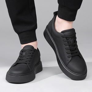 <b>Matte</b> Black Low Top Deck Shoes Classic Lace Up Skate Shoes Sturdy Stitching Soft Breathable Leather For Daily Street Outfit - Product Image 4