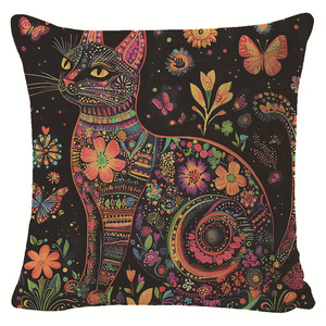 Taie d'oreiller carrée en lin à motif floral de chat, lavable, pour coussin lombaire, décoration de canapé de salon - Product Image 2