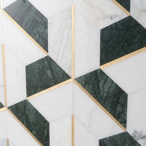 Polished White Carrara and Verde Affai Marble and Brass <strong>Mosaic</strong> Kitchen Backsplash Thassos White with Mother of Pearl <strong>Mosaic</strong> - Product Image 6