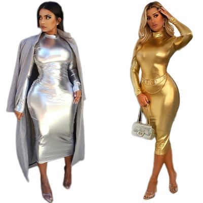 Ladies Sexy wide edge long tube long sleeve mid-length dress dress high stretch nightclub wear bodycon long midi dress