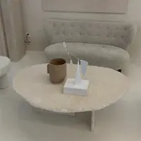 Mueble de sala de estar, mesa redonda y moderna de lujo, mesa de centro con travertina de mármol ovalado curvo con mesa lateral, nuevo diseño